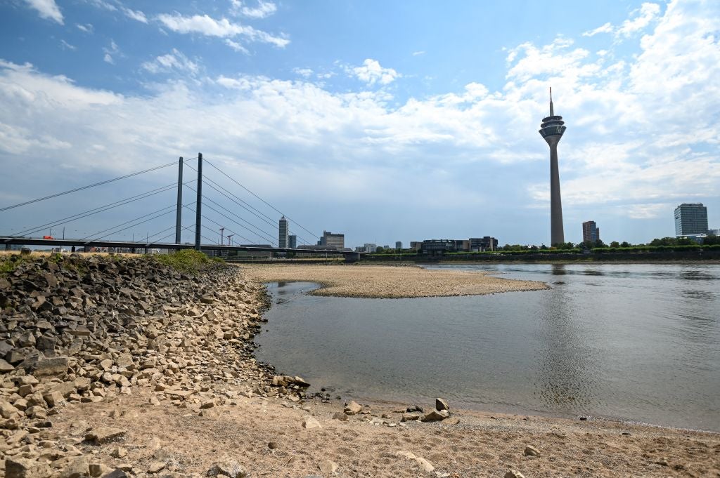 Dry soil of the partially dried-up river bed of the Rhine in Duesseldorf, Germany, in July 2022, as Europe experienced a heatwave.