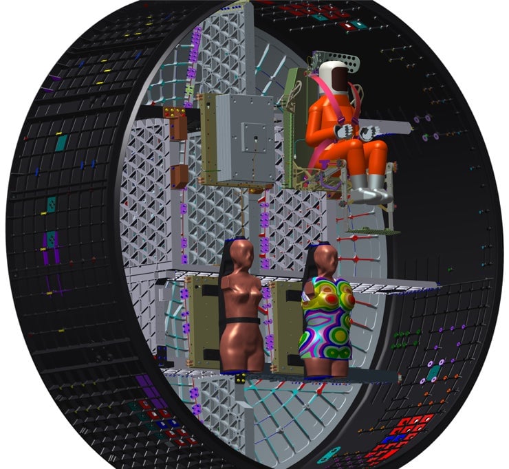 Diagram showing the seating configuration for the three manikins, with Campos up top, Helga at bottom left, and Zohar, wearing the radiation vest, at right. 