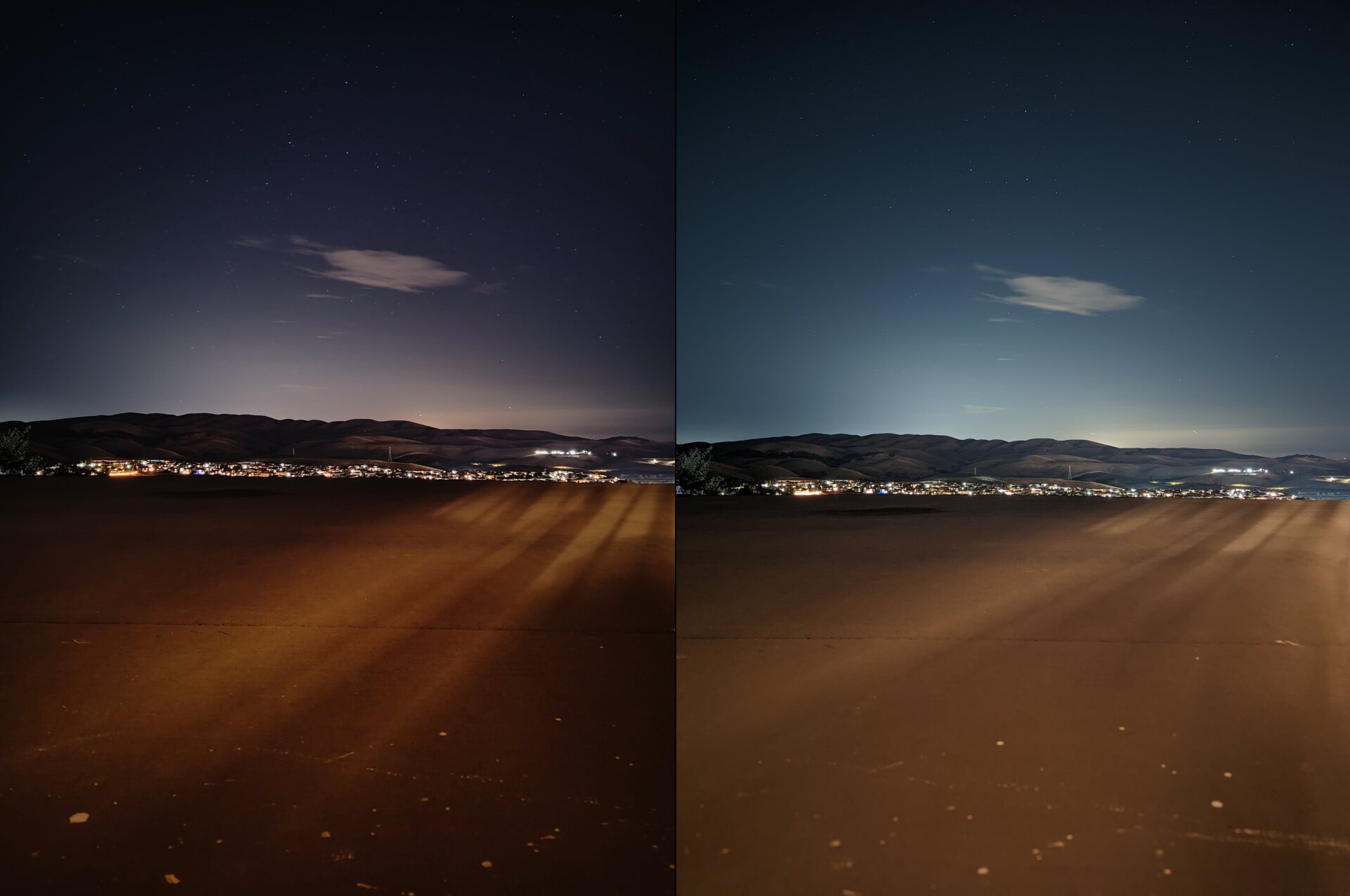The OnePlus 10T’s night-shooting capabilities (left) compared to the Pixel 6 Pro’s (right). 