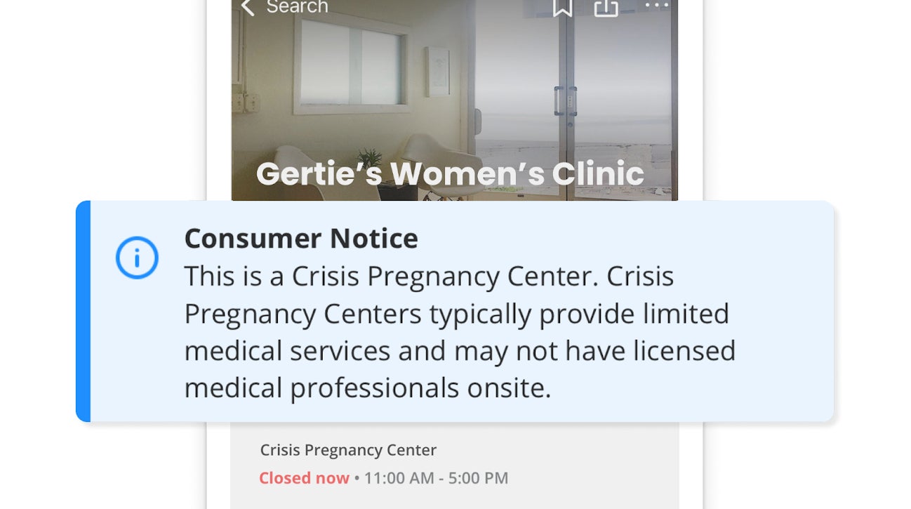 Yelp’s new “consumer notice” that’s set to be displayed alongside all anti-abortion center listings highlights the their frequent lack of medical services, but not other issues like the disinformation these centers often give to pregnant people.