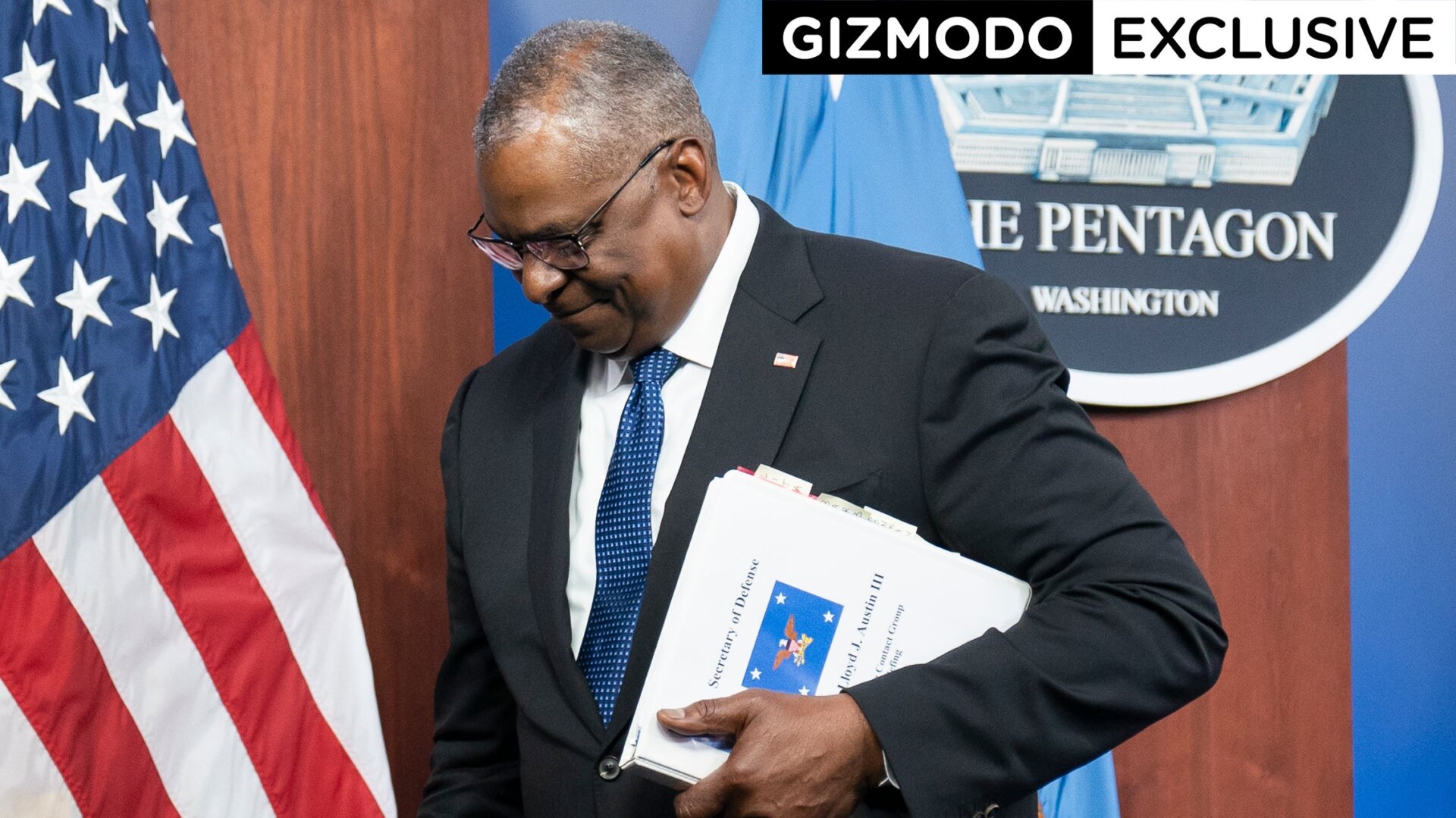 Secretary of Defense Lloyd Austin departs after speaking during a media briefing at the Pentagon, Wednesday, July 20, 2022, in Washington.