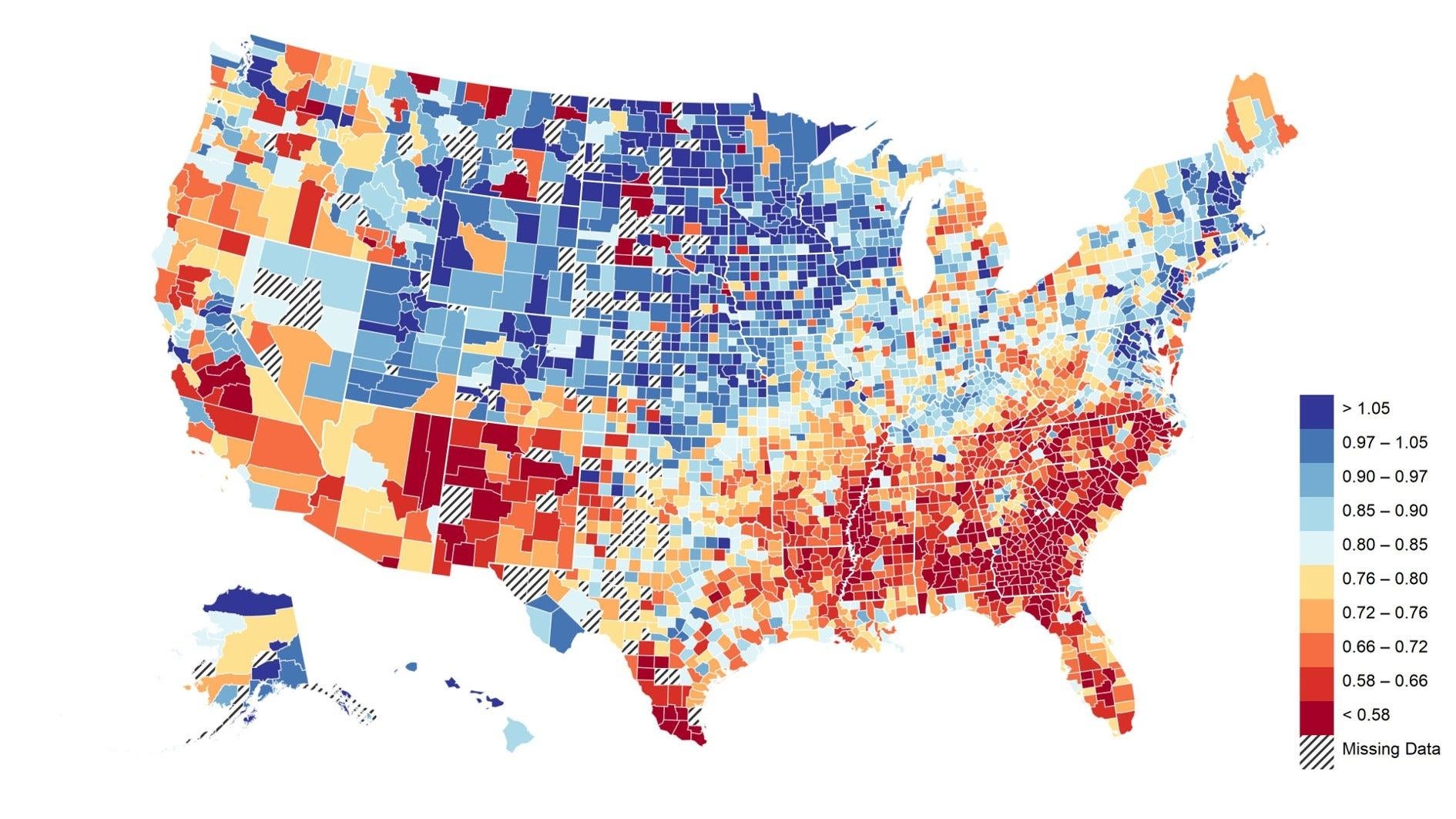 This map based on Facebook users’ data shows zip codes where users are more and less likely to have friendships with users outside their economic class.