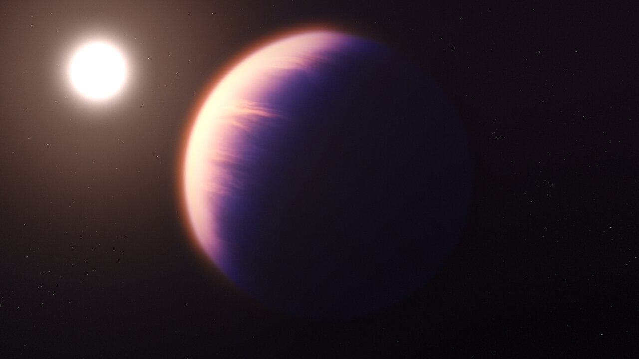 An artist’s rendition of WASP-39 b, an exoplanet with a carbon dioxide-filled atmosphere.