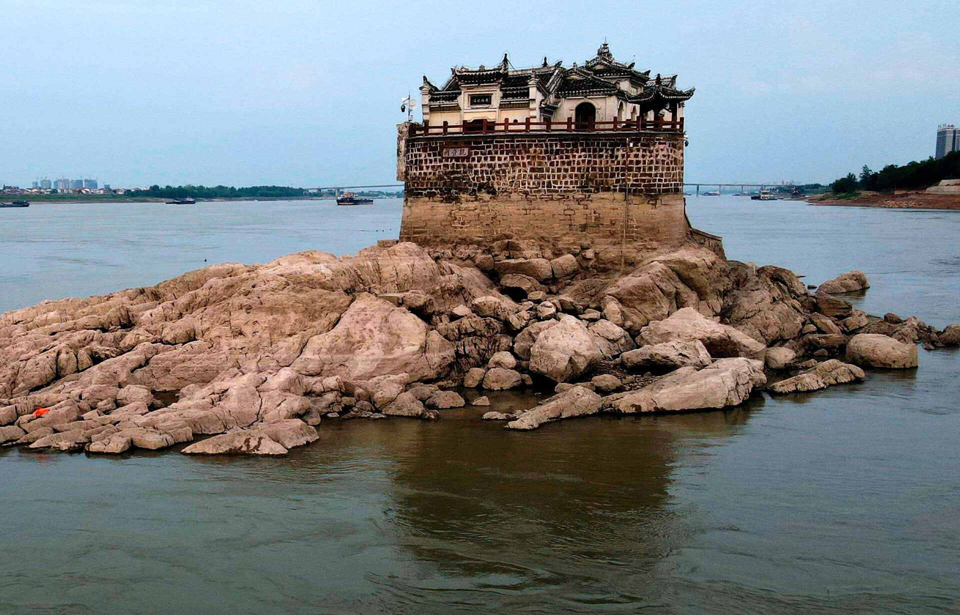 The Guanyin Temple on August 20. The large rock outcropping is normally covered by water.