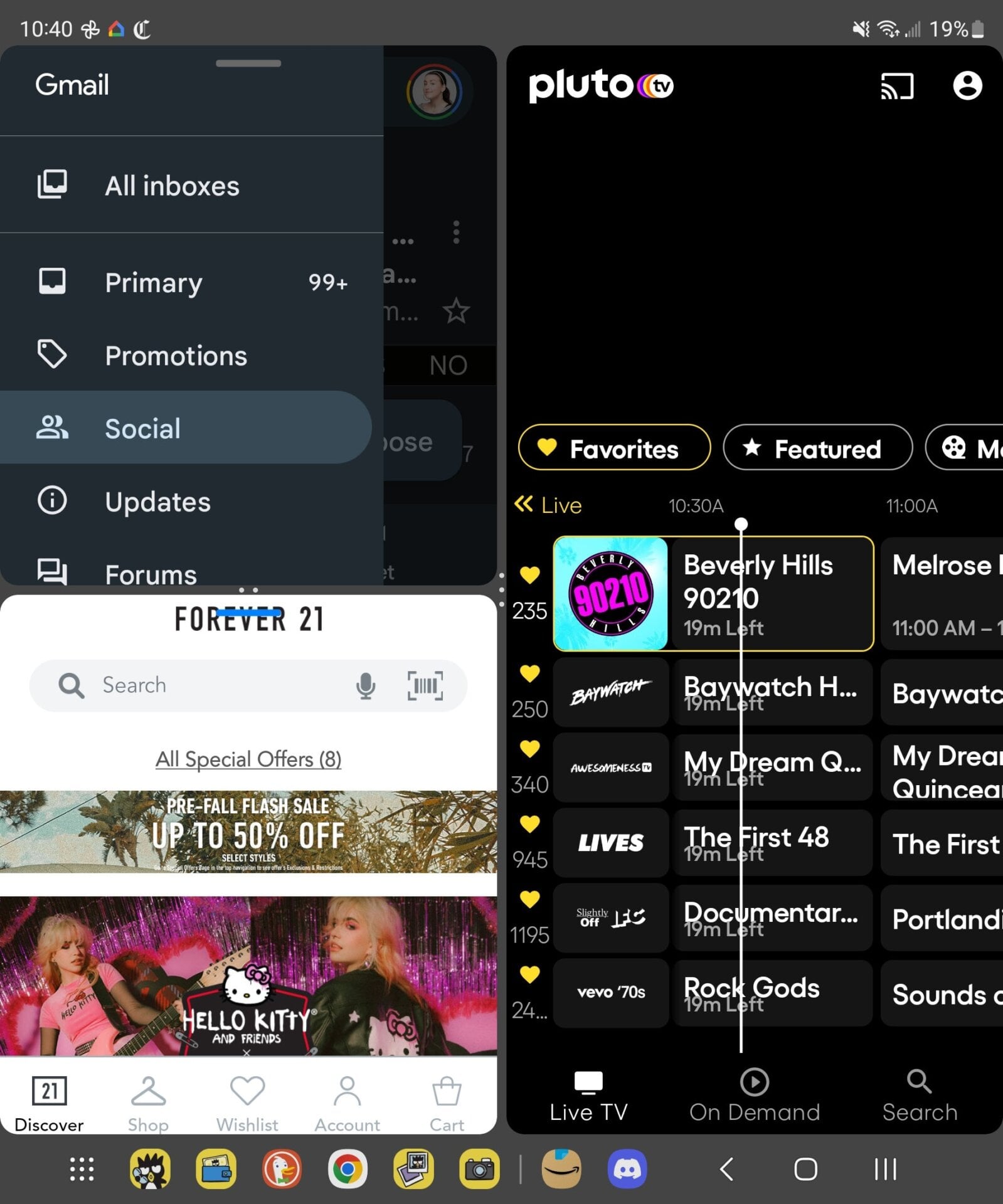 What it looks like when you split up three apps amongst the screen—and yes, your girl was sick in bed perusing Forever 21. (Pluto TV uses DRM, which is why there is no screencap.)