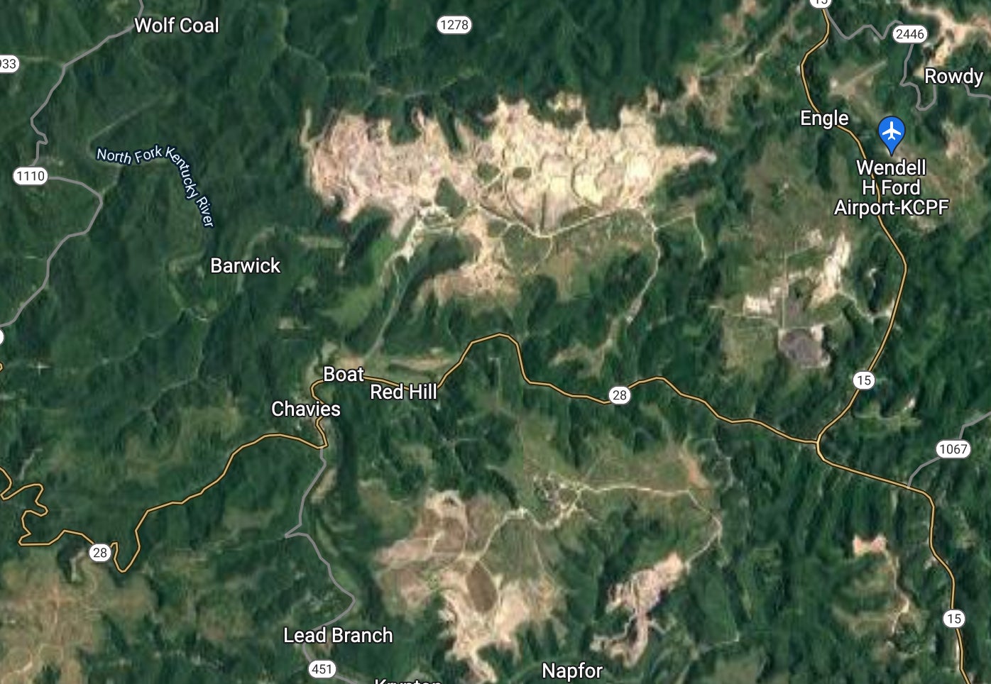 The large swathe of tan in the upper half of this Google Maps screenshot is the Pine Branch complex mine operation run by Blackhawk. The company resumed blasting at the site last month, according to a notice included as part of the lawsuit. 