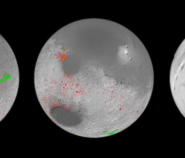 This image shows hydrated minerals at Jezero Crater (the larger red and orange area at upper left) and Gale Crater (small green circle at middle right). Both craters have been explored by robotic rovers. 