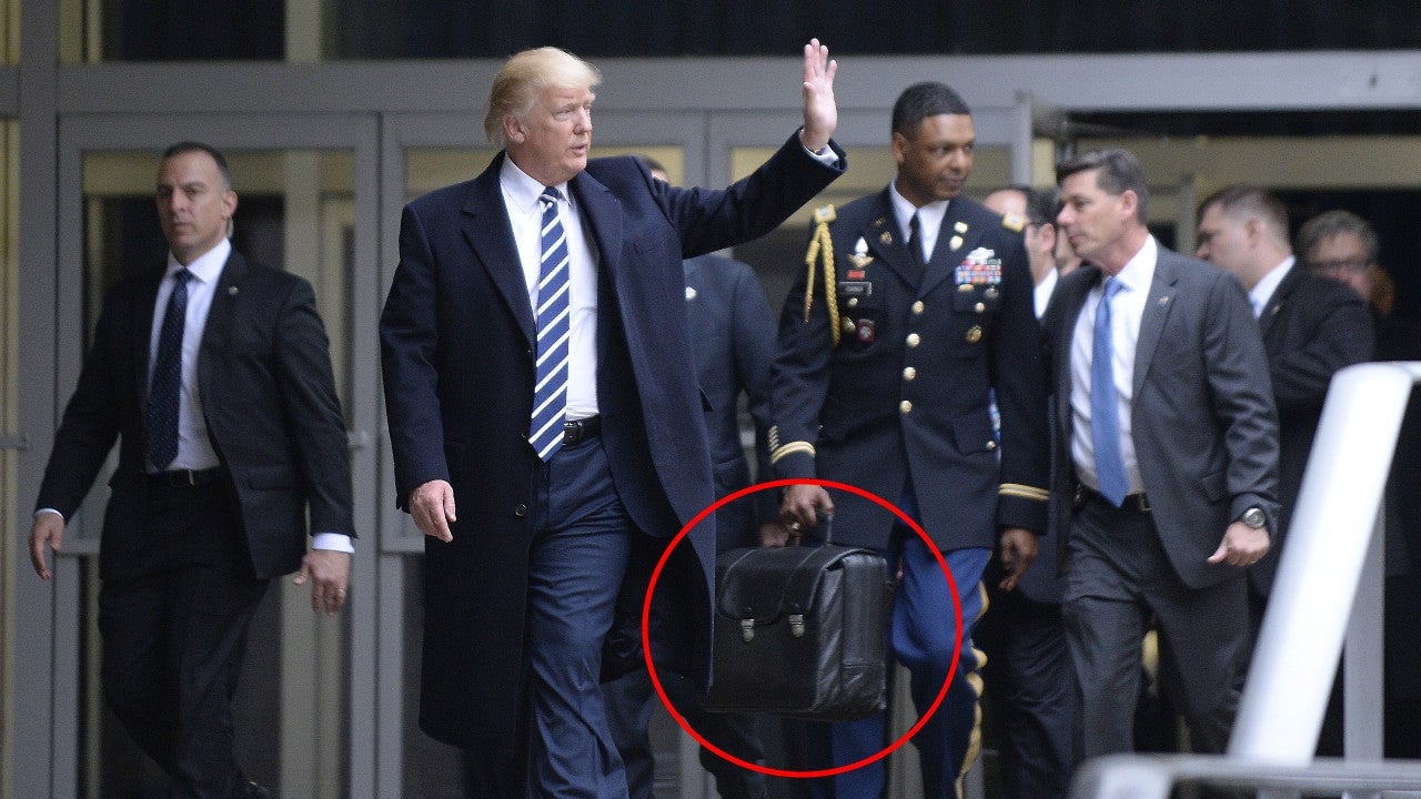Former president Donald Trump leaves CIA headquarters on January 21, 2017 with the so-called “nuclear football,” a briefcase with the ability to instantly launch a nuclear strike on anywhere in the world.