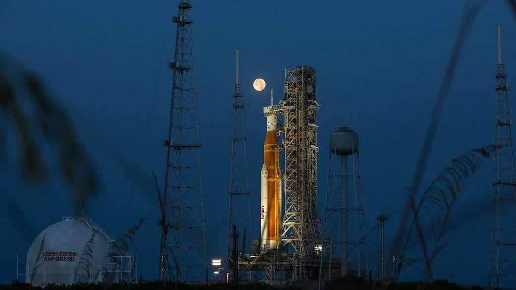 The SLS rocket awaiting liftoff at the Kennedy Space Center in Florida.