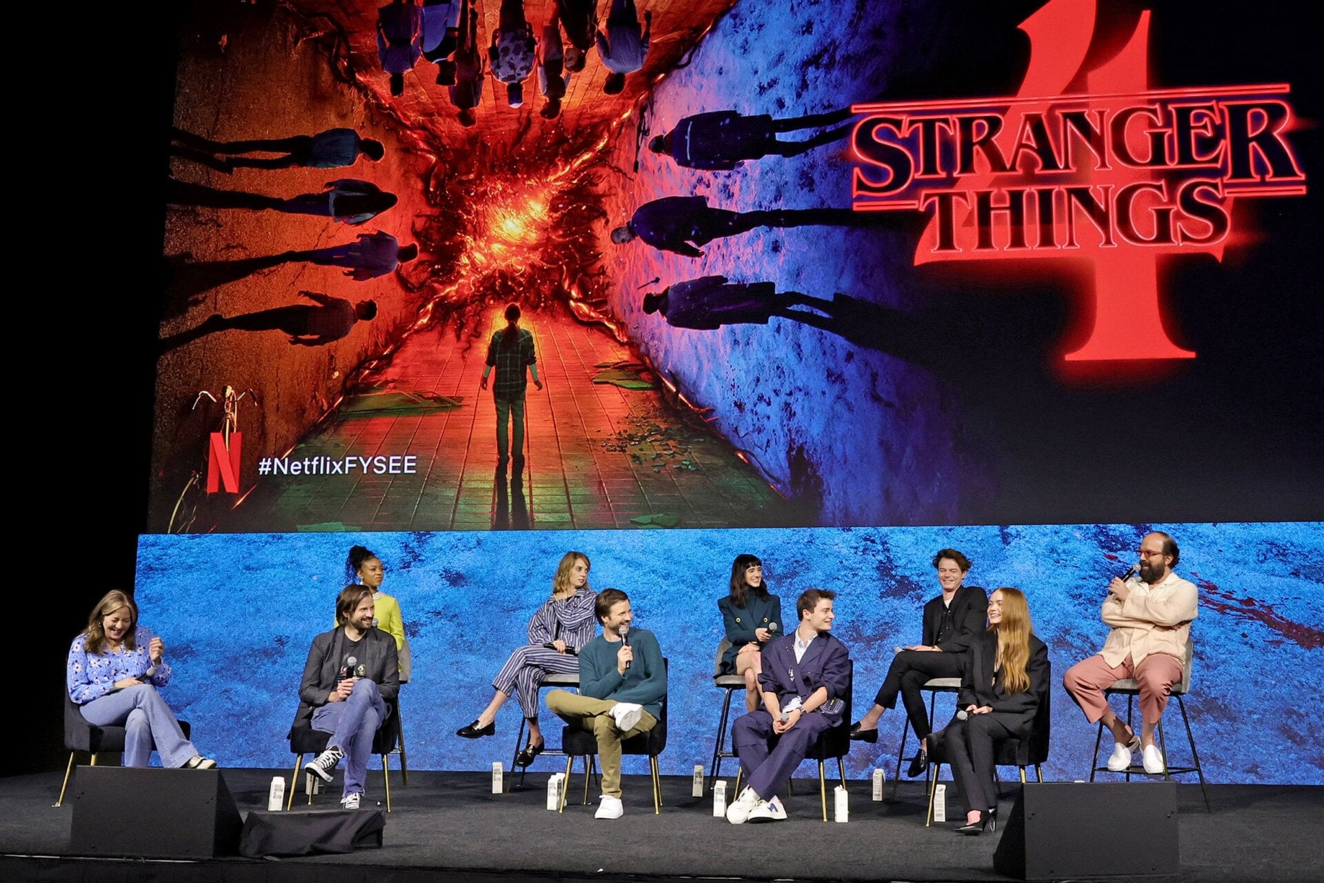 Moderator Lorraine Ali, Matt Duffer, Priah Ferguson, Maya Hawke, Ross Duffer, Natalia Dyer, Noah Schnapp, Charlie Heaton, Sadie Sink, and Brett Gelman speak onstage during Netflix’s Stranger Things ATAS Official Screening at Raleigh Studios Hollywood on May 27, 2022 in Los Angeles, California.
