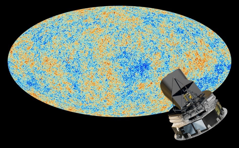 The cosmic microwave background with the Planck satellite superimposed in front of it.