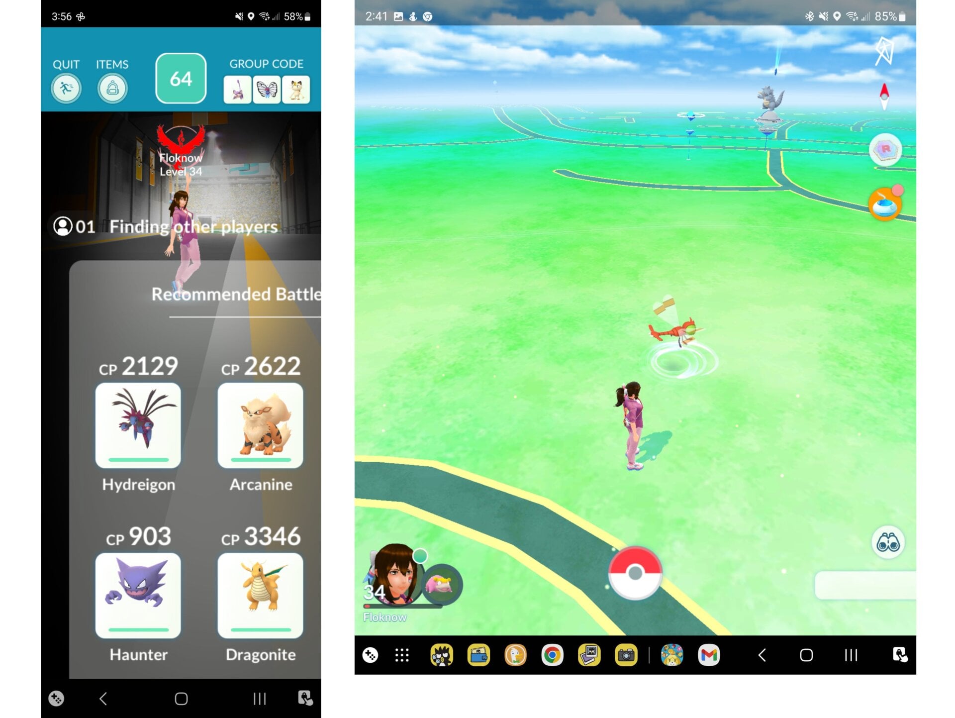 On the left, you can see that Pokémon Go doesn’t scale so well on the front screen; it scales fine on the inside tablet portion of the device, however.