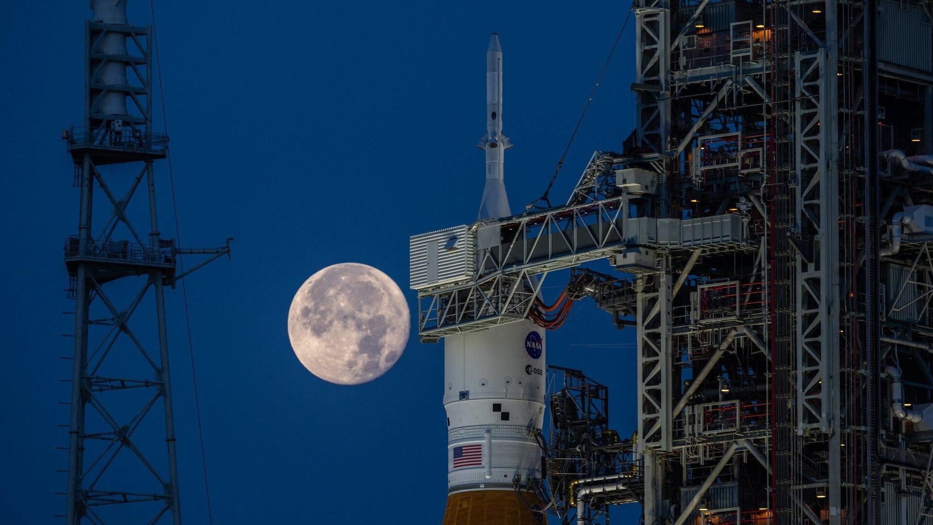 The SLS rocket sits on top of the launch pad at Kennedy Space Center ahead of the Artemis 1 launch.