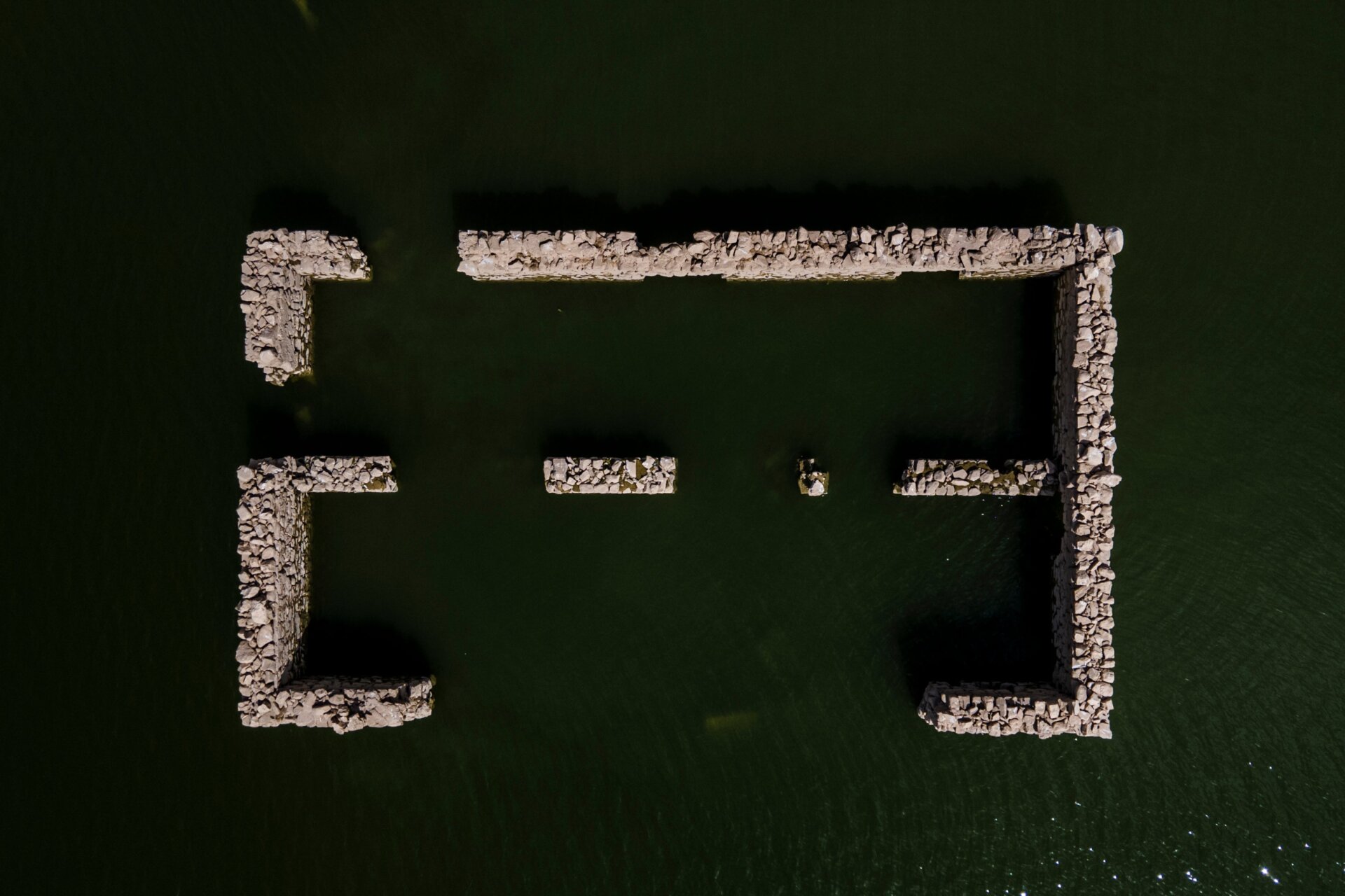 Ruins exposed by low water in the Iznájar reservoir.