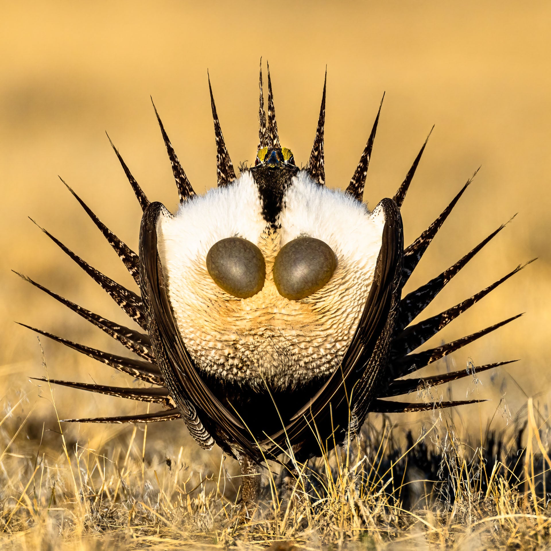 A male sage grouse can barely see over his own ridiculous plumage.