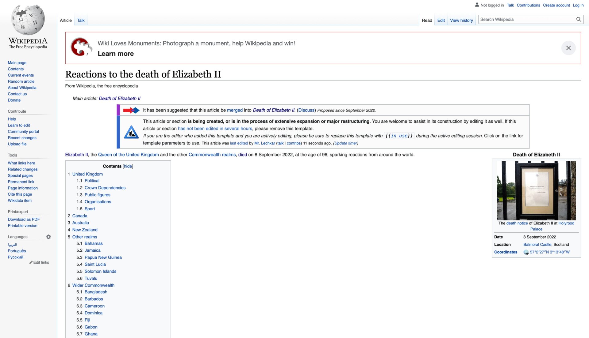 Wikipedia editors created and then debated over a page they made called “Reactions to the death of Elizabeth II.”