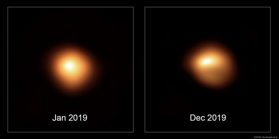 Betelgeuse has grown fainter in recent years, as seen in these images from the Very Large Telescope.