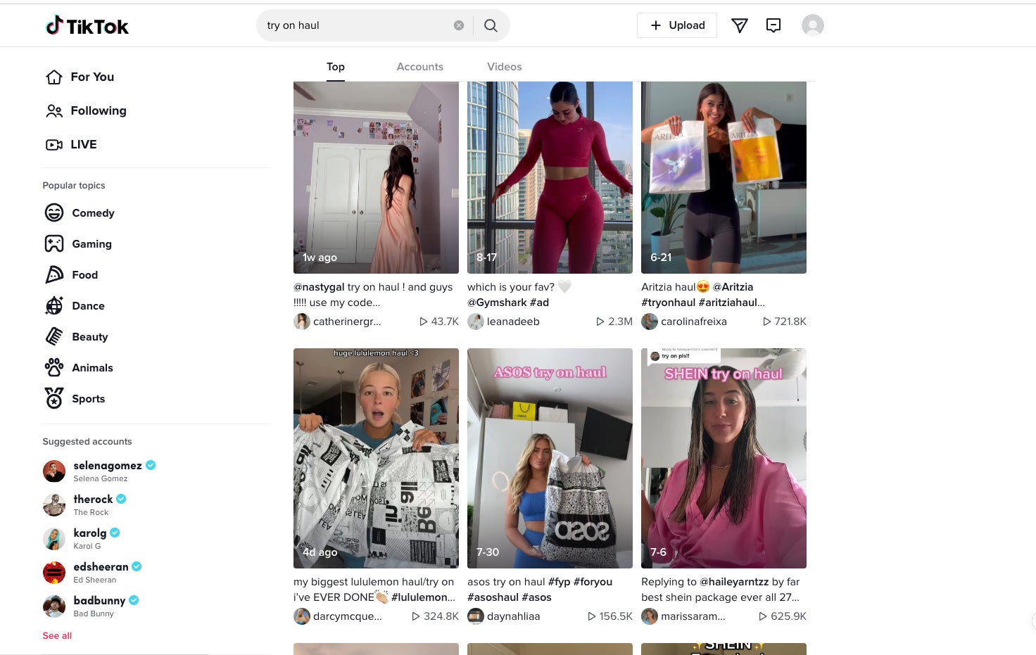 SHEIN, H&M, Aritzia, ASOS, Amazon, and others are common companies highlighted in try-on haul videos. 