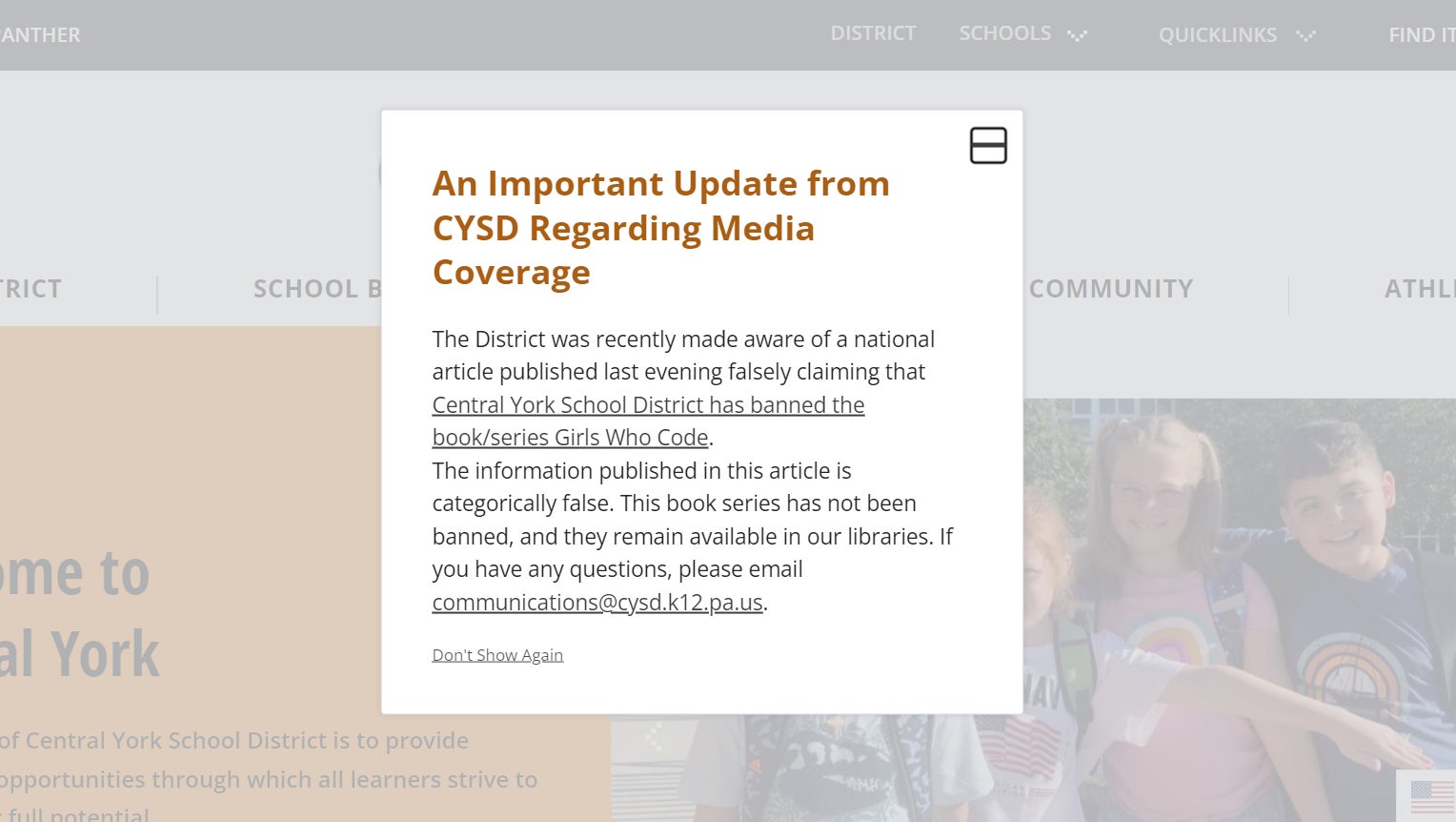 This pop-up message has been front and center on the Central York School District homepage for at least two days.