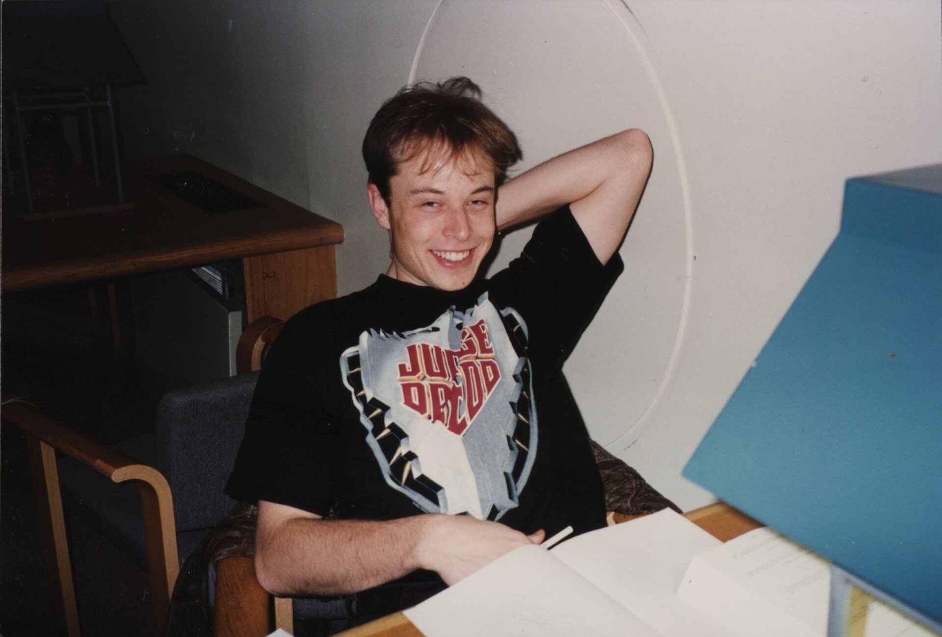 Elon Musk wearing a Judge Dredd t-shirt. 