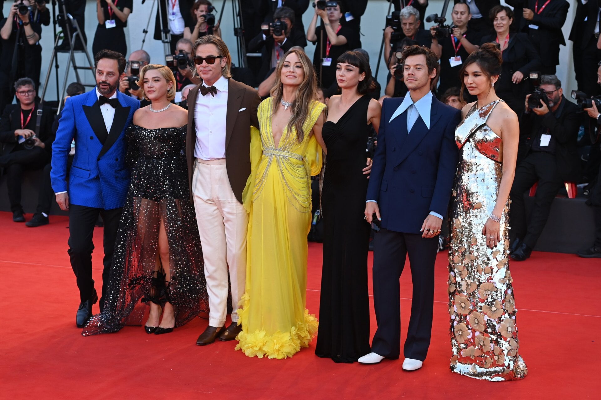 Nick Kroll, Florence Pugh, Chris Pine, Olivia Wilde, Sydney Chandler, Harry Styles and Gemma Chan star in the film, which premiered at the 79th Venice International Film Festival on September 5.