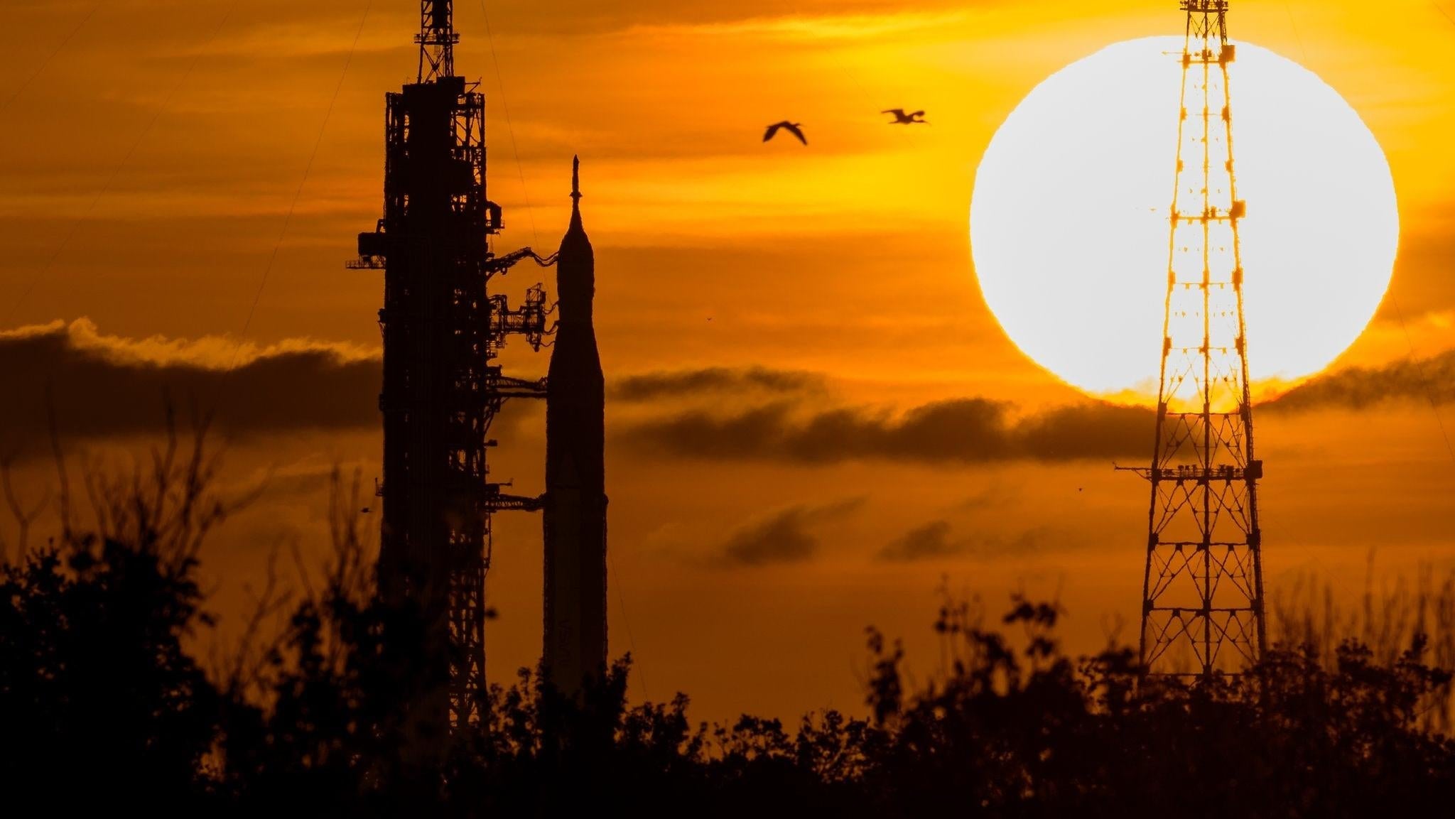 SLS on the launch pad at Kennedy Space Center in Florida.