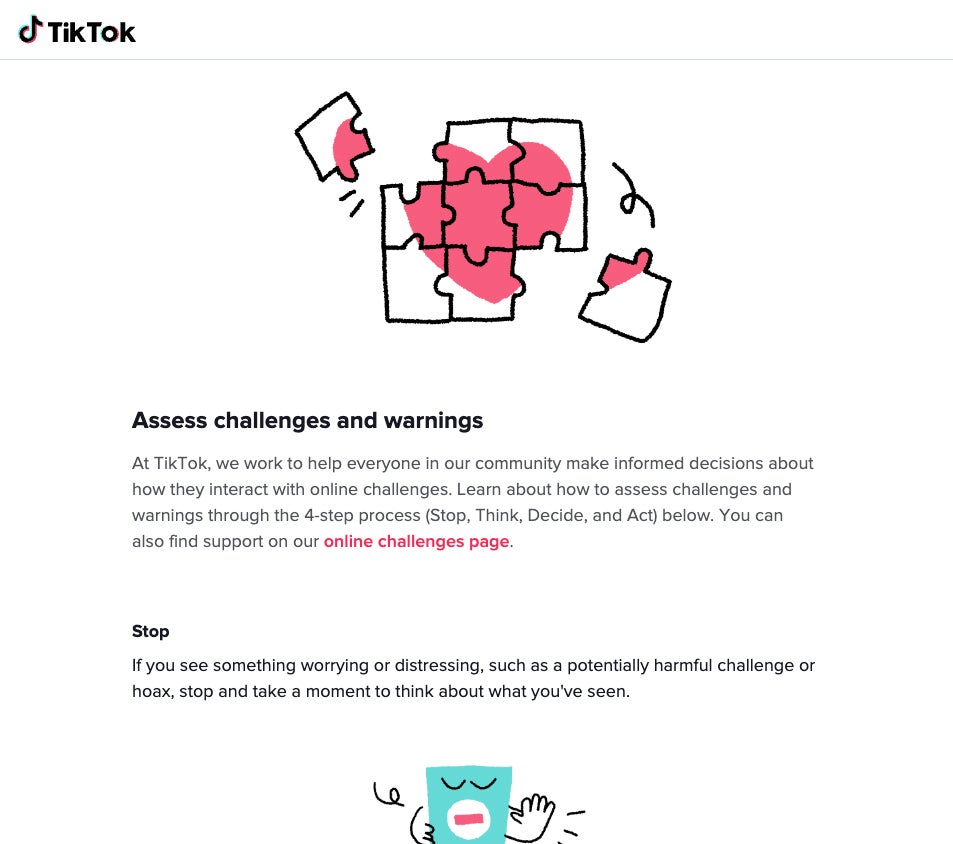 This is the warning page you’re redirected to if you search for “devious licks” on TikTok now.