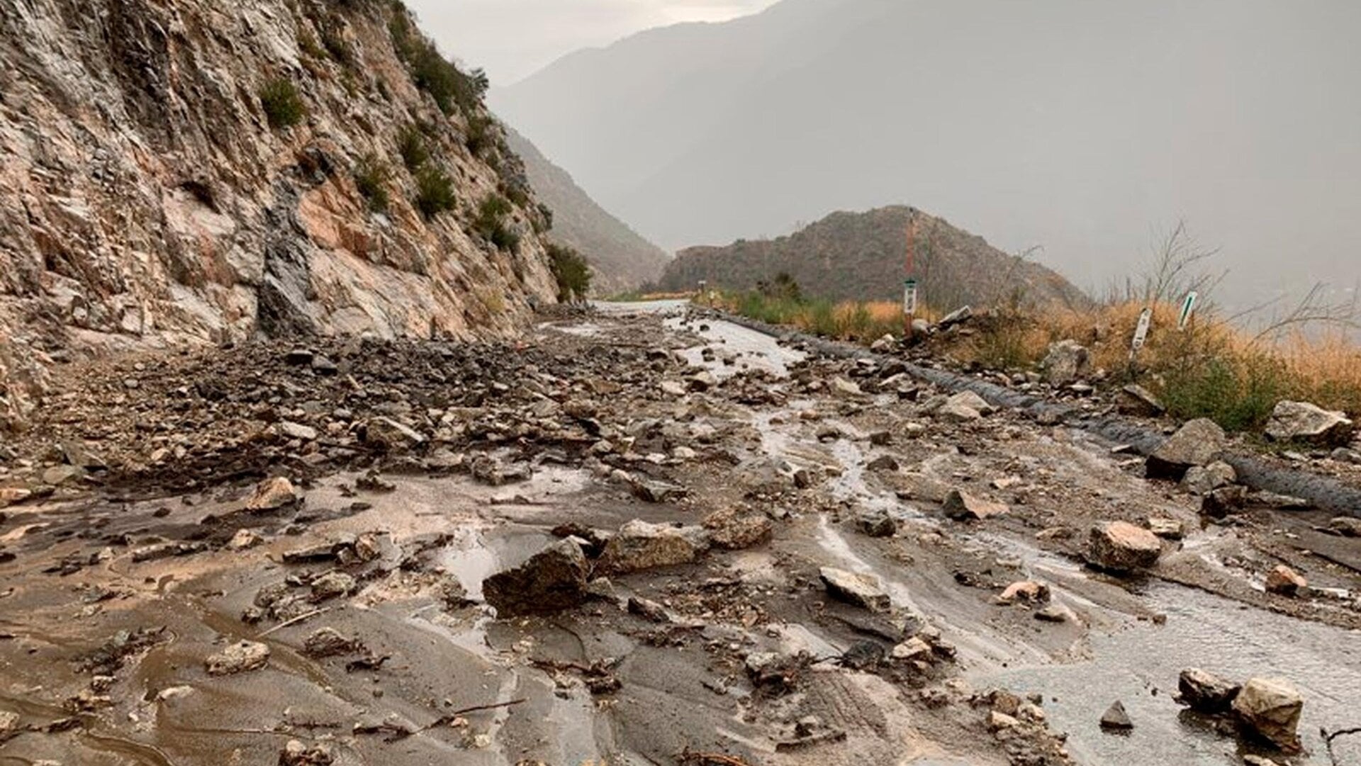 Mudslides closed part of Highway SR-38 in the San Bernardino Mountains, California September 2022. The mud flows and flash flooding occurred in parts of the San Bernardino Mountains where there are burn scars, areas where there’s little vegetation to hold the soil, from the 2020 wildfires.