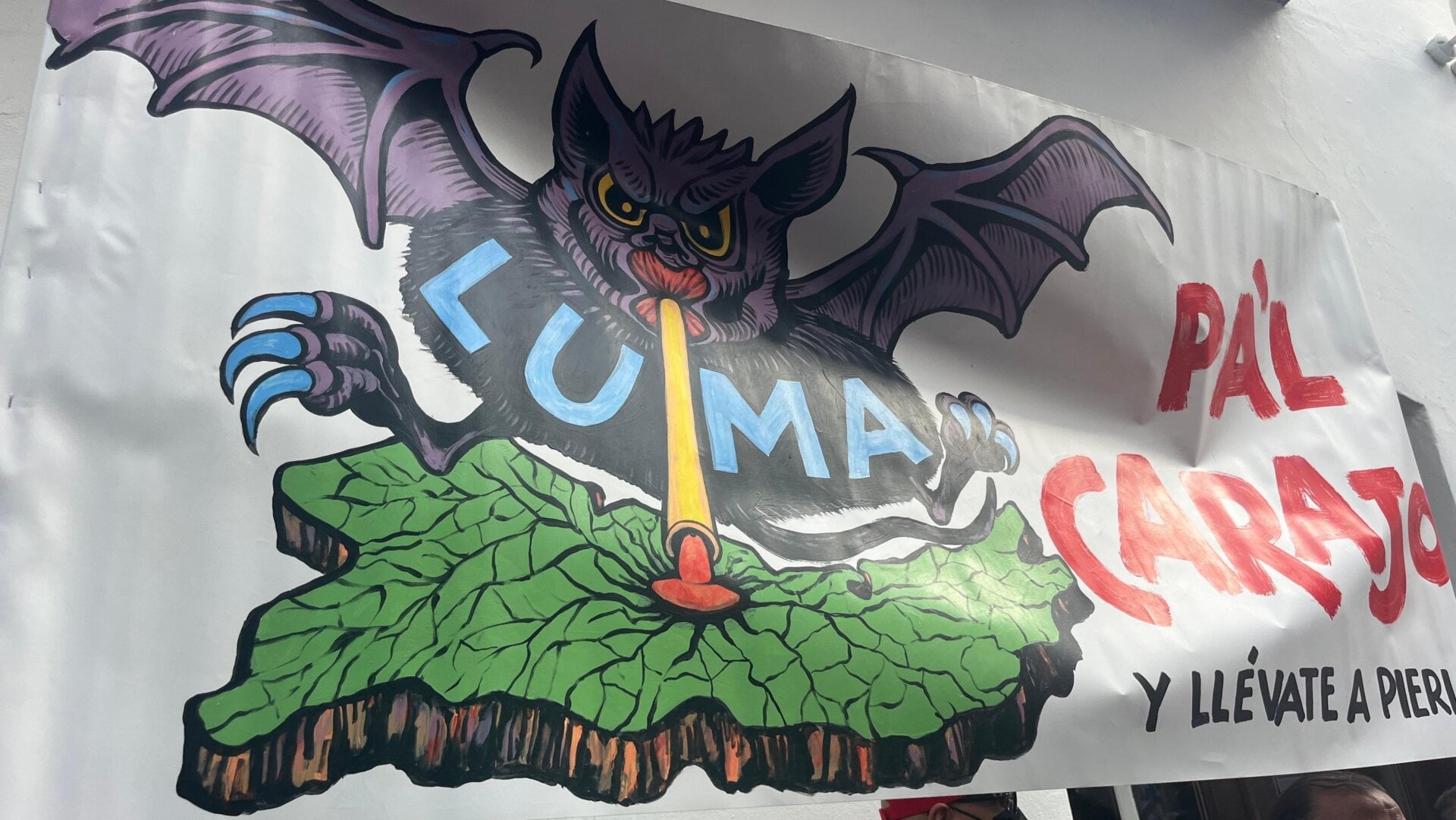 This sign reads “LUMA go to hell” and depicts the energy authority as a vampire bat sucking the blood out of Puerto Rico. August 25, 2022.