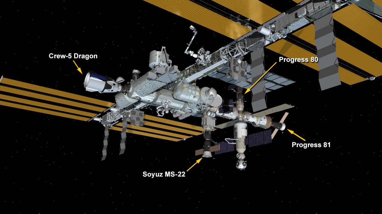A graphic showing the ISS configuration as it appeared on October 14, 2022. 
