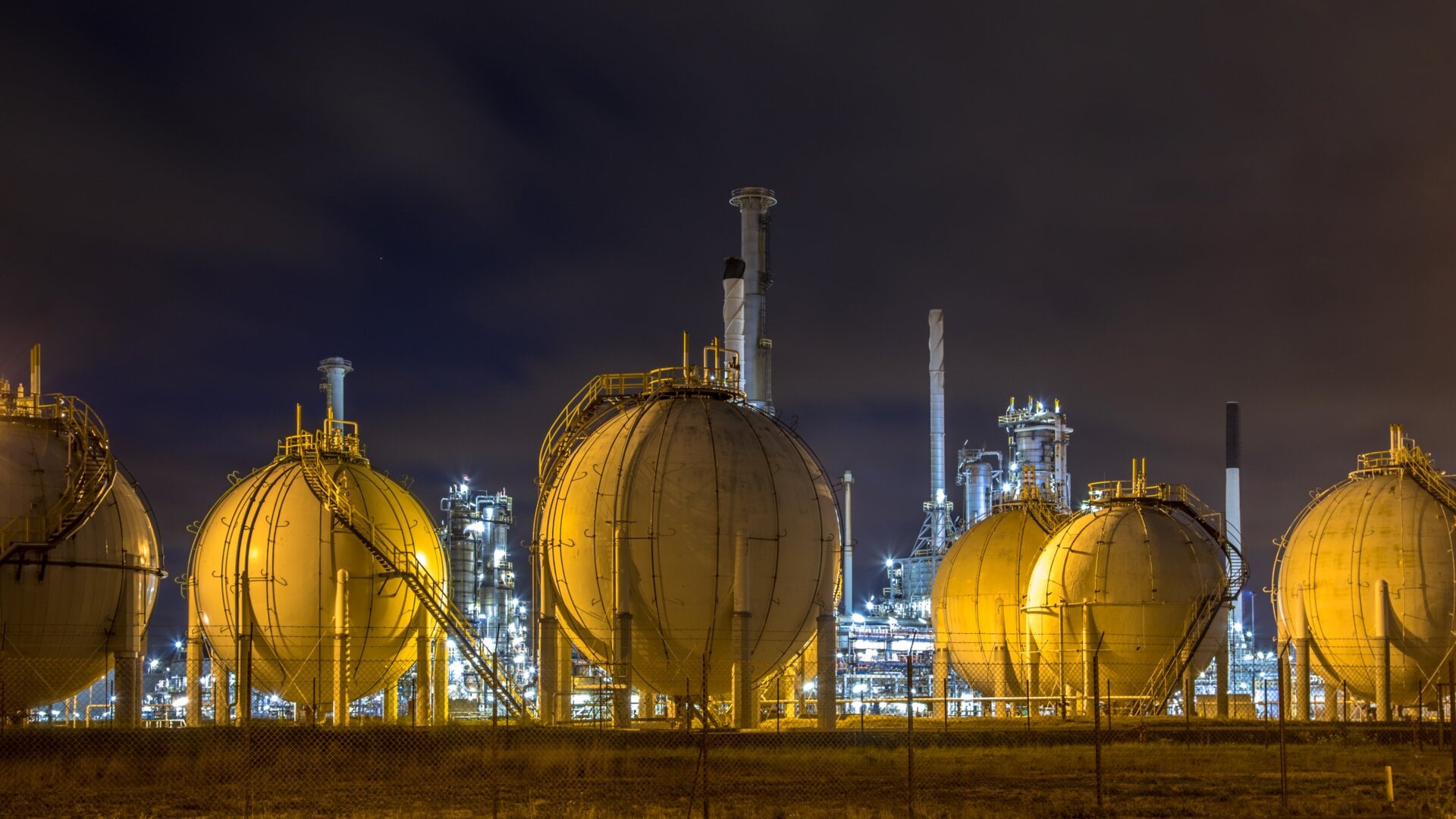 Natural gas is stored in massive spherical containers in the Europoort industrial area of Rotterdam.