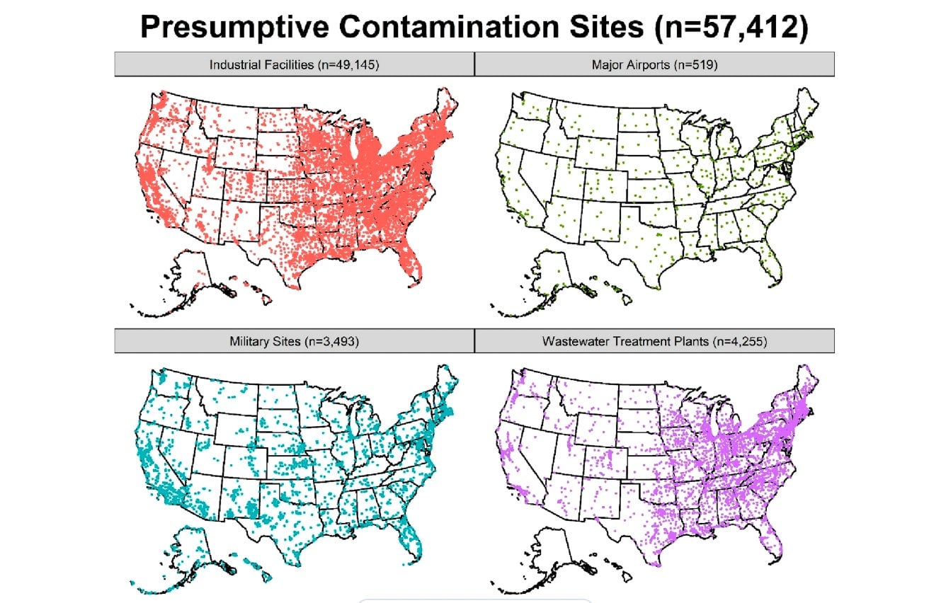 Visualized data of the more than 57,000 probable PFAS contaminated sites. 