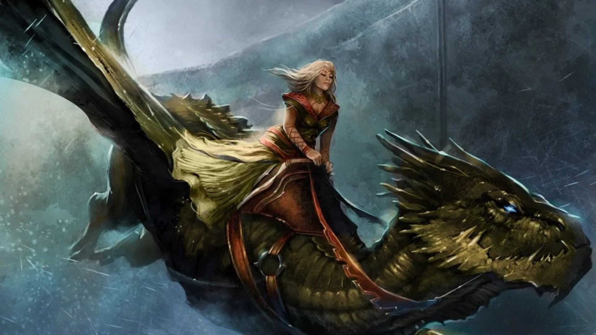 Art of Queen Alysanne riding her dragon Silverwing by Emile Denis. Seen in Green Room’s A Song of Ice and Fire Role-Playing Game.