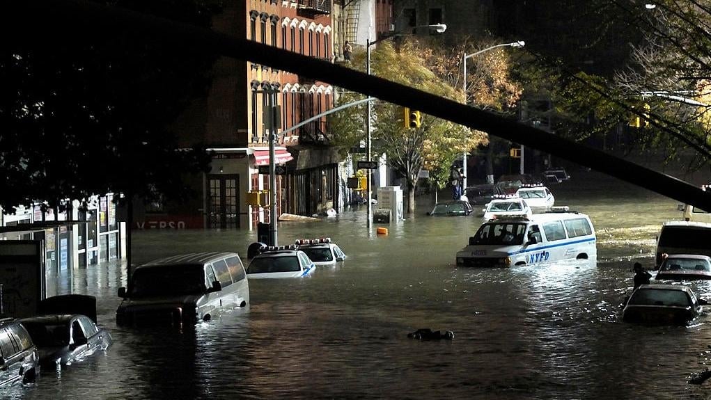 A flooded intersection in NYC’s Alphabet City neighborhood on October 29, 2012, after flooding from Hurricane Sandy.