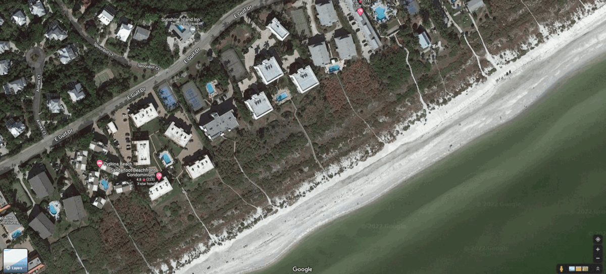 Beach erosion was apparent after Ian on Sanibel Island. Houses roofs were also visibly damaged.