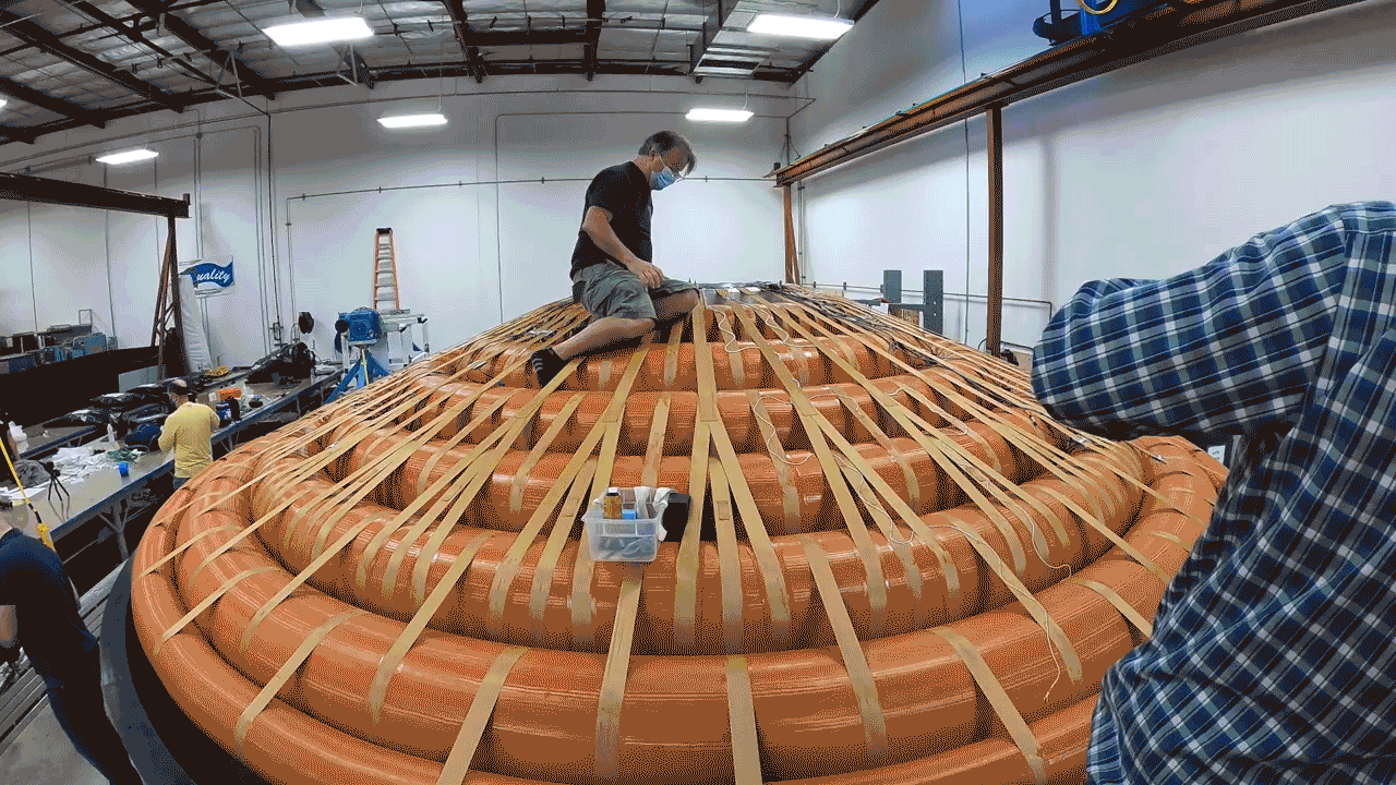 The Hypersonic Inflatable Aerodynamic Decelerator technology is a series of inflatable rings stacked on top of each other.