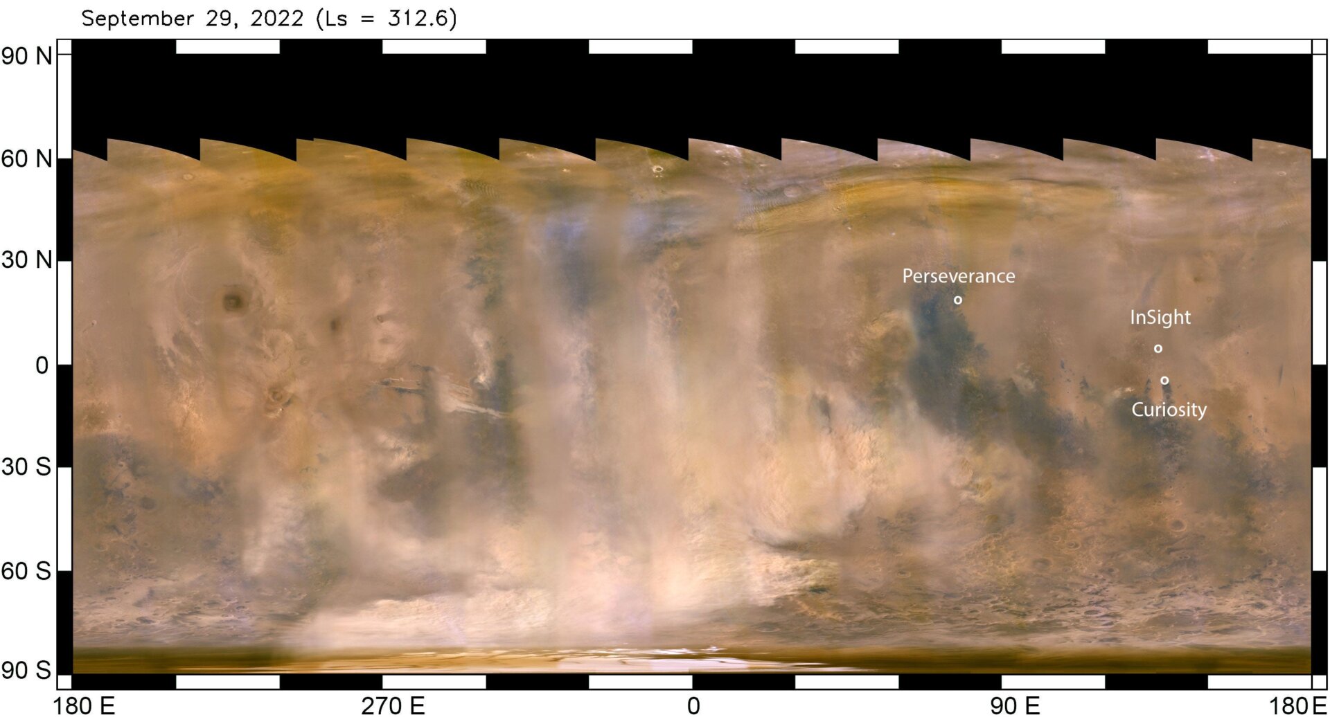 The beige clouds in this Mars Reconnaissance Orbiter images are a massive dust storm on Mars.