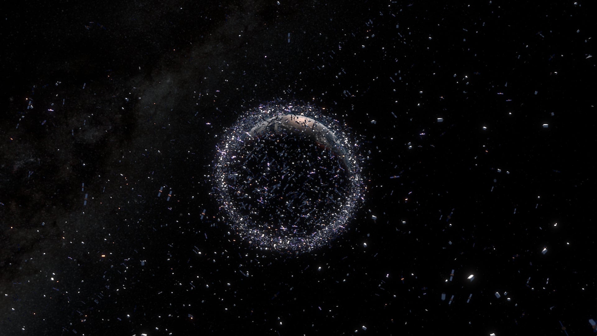 Conceptual image of space debris around Earth, not to scale.