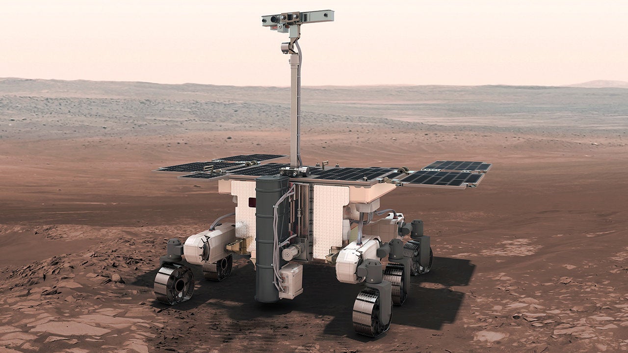 Artistic conception of the ExoMars rover on Mars.