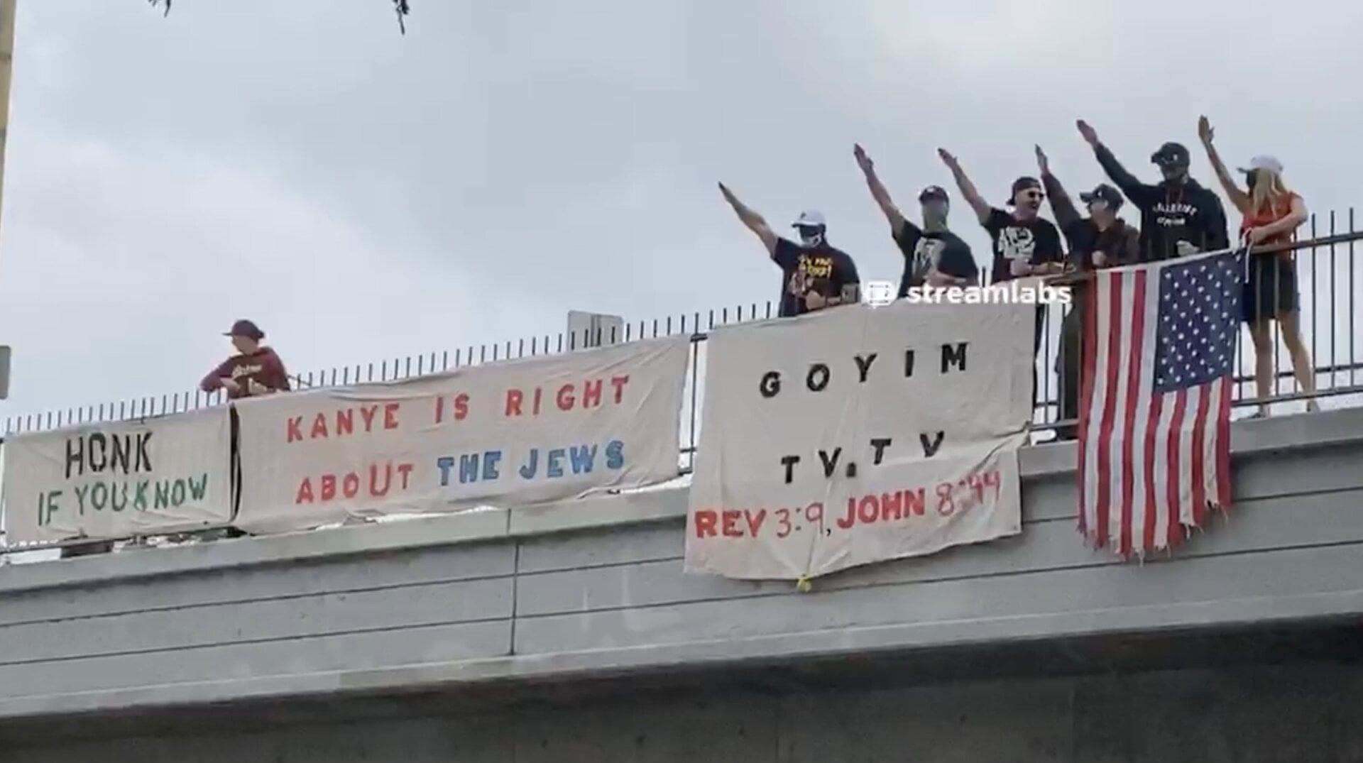 The antisemitic Goyim Defense League hung a banner over a busy highway in Los Angeles citing Kanye West’s hateful comments about Jews.