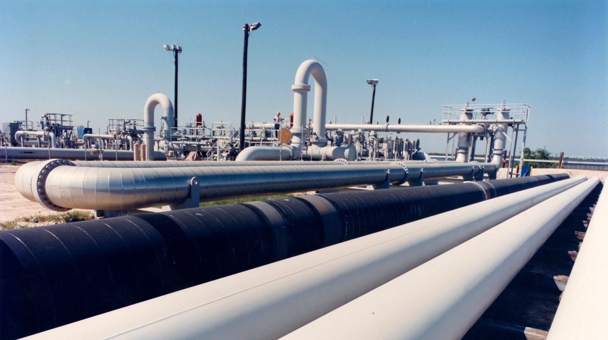 Crude oil pipes at the Bryan Mound Strategic Petroleum Reserve site near Freeport, Texas.
