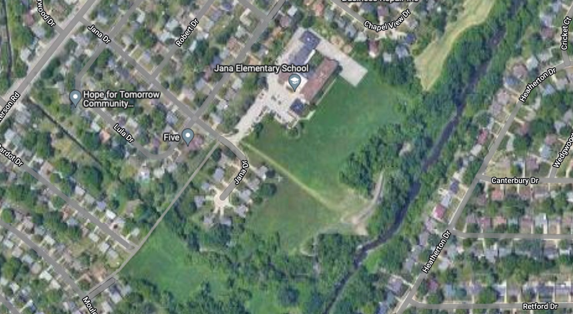 Jana Elementary School lies in the floodplain of Coldwater Creek, which flows along the school grounds.