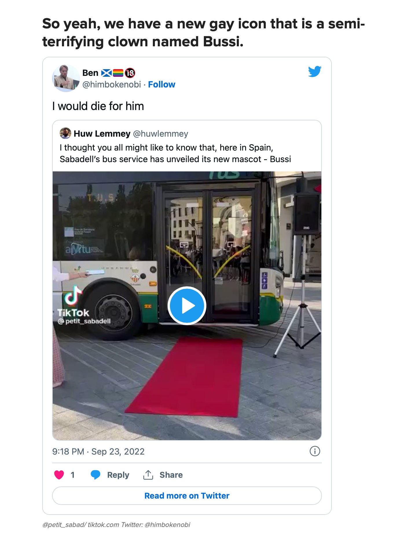 In its article on the Bussi, Buzzfeed applauded the mascot’s dance moves and called it “a new gay icon.”