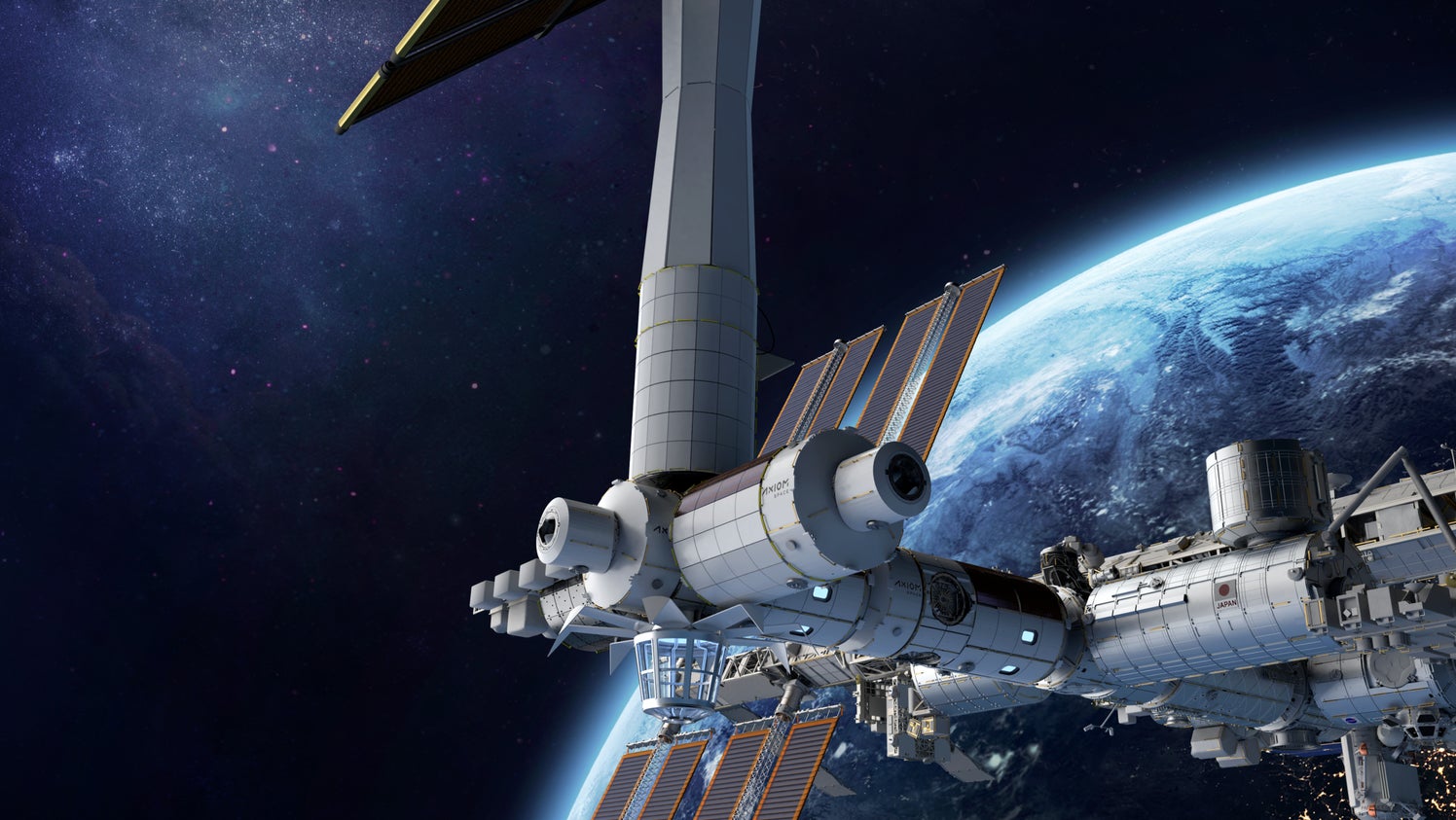 An artist’s depiction of Axiom’s future commercial space station in low Earth orbit.