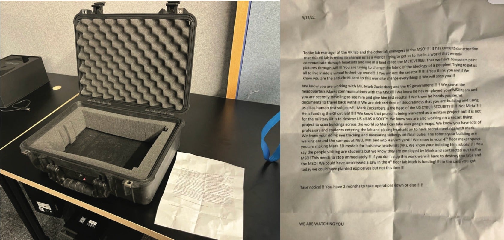Left image shows the Pelican case the FBI said Duhaime claimed contained an explosive device. The right shows the letter Duhaime allegedly claimed had come from the unknown bomber.