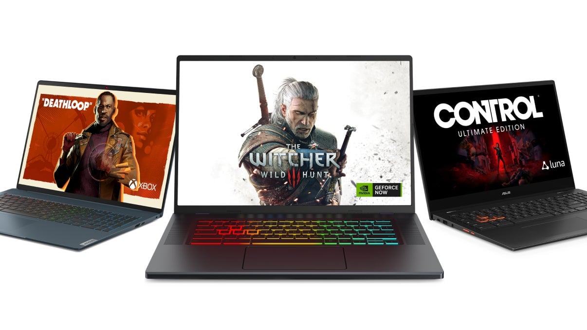 These three new laptops from Lenovo (left), Acer (middle), and Asus (right) have been tuned for cloud gaming on ChromeOS.