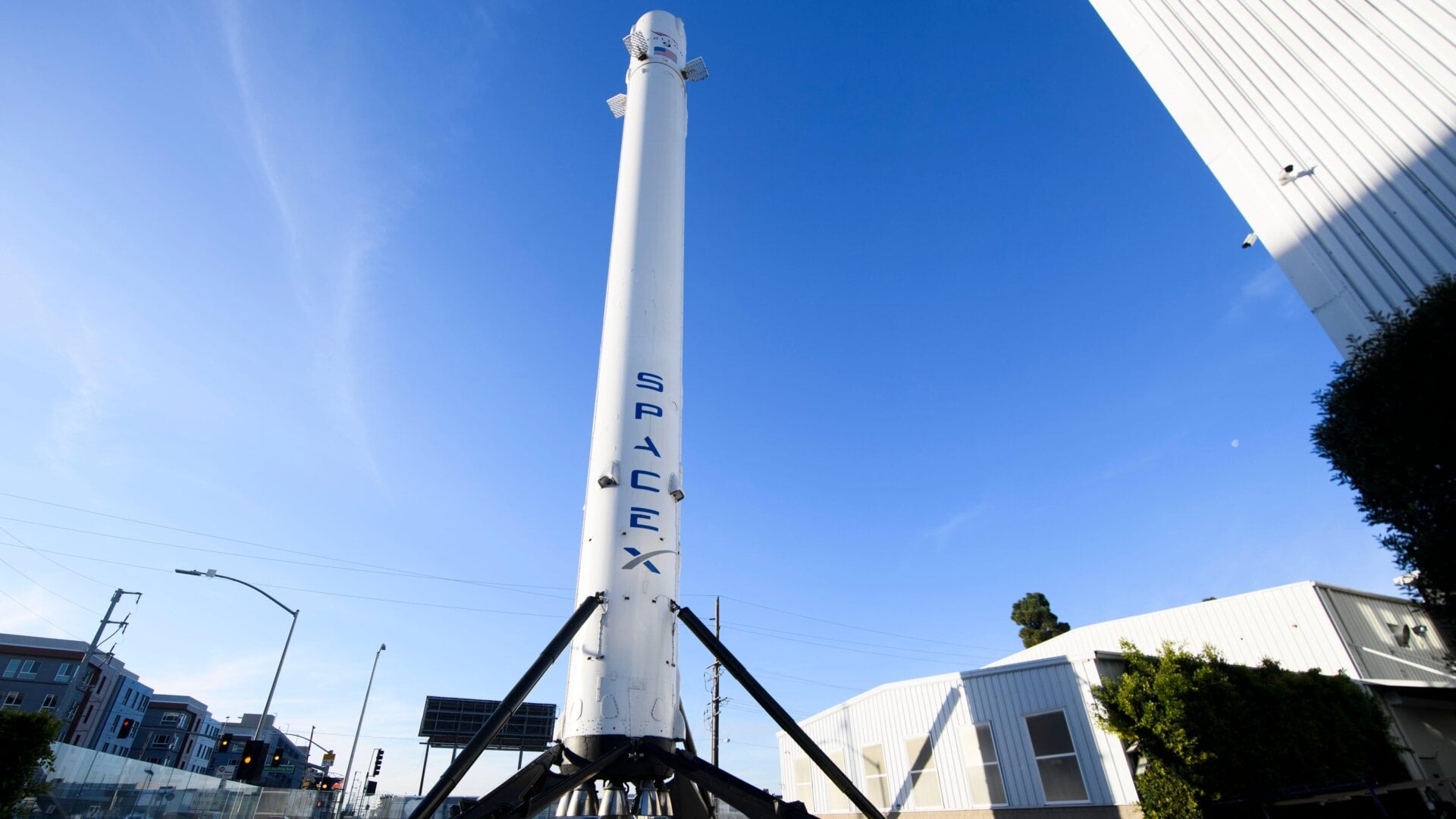 The recovered first stage of a Falcon 9 rocket was put on display around SpaceX’s offices in Hawthorne, California last year. The rocket used a model of the Raptor engine.