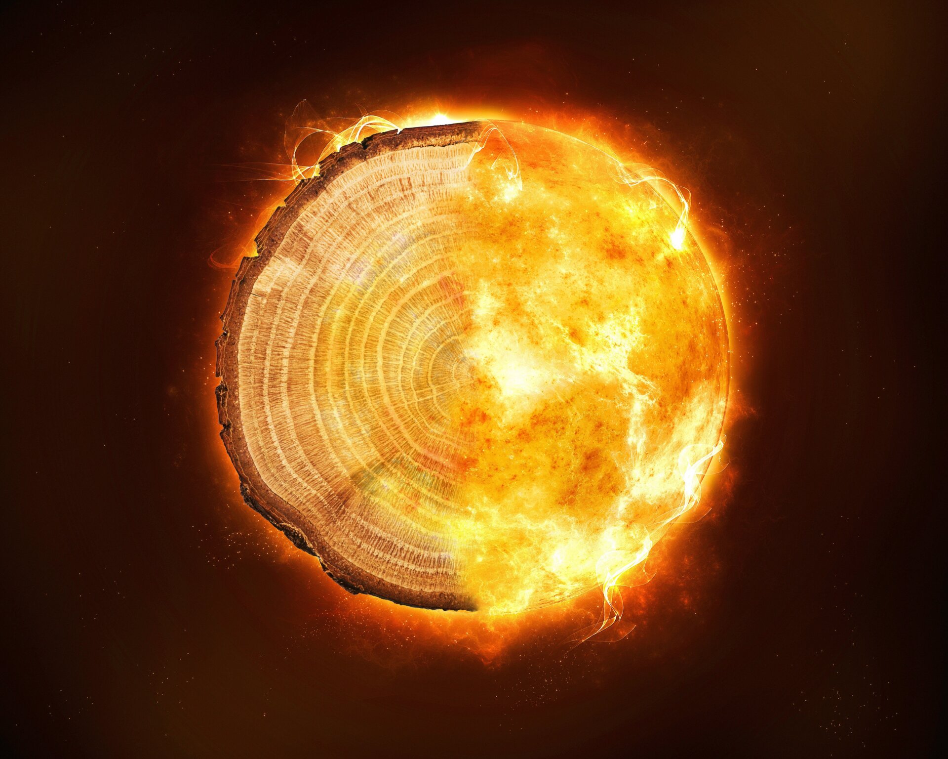 A composite image of a tree rings and flames.