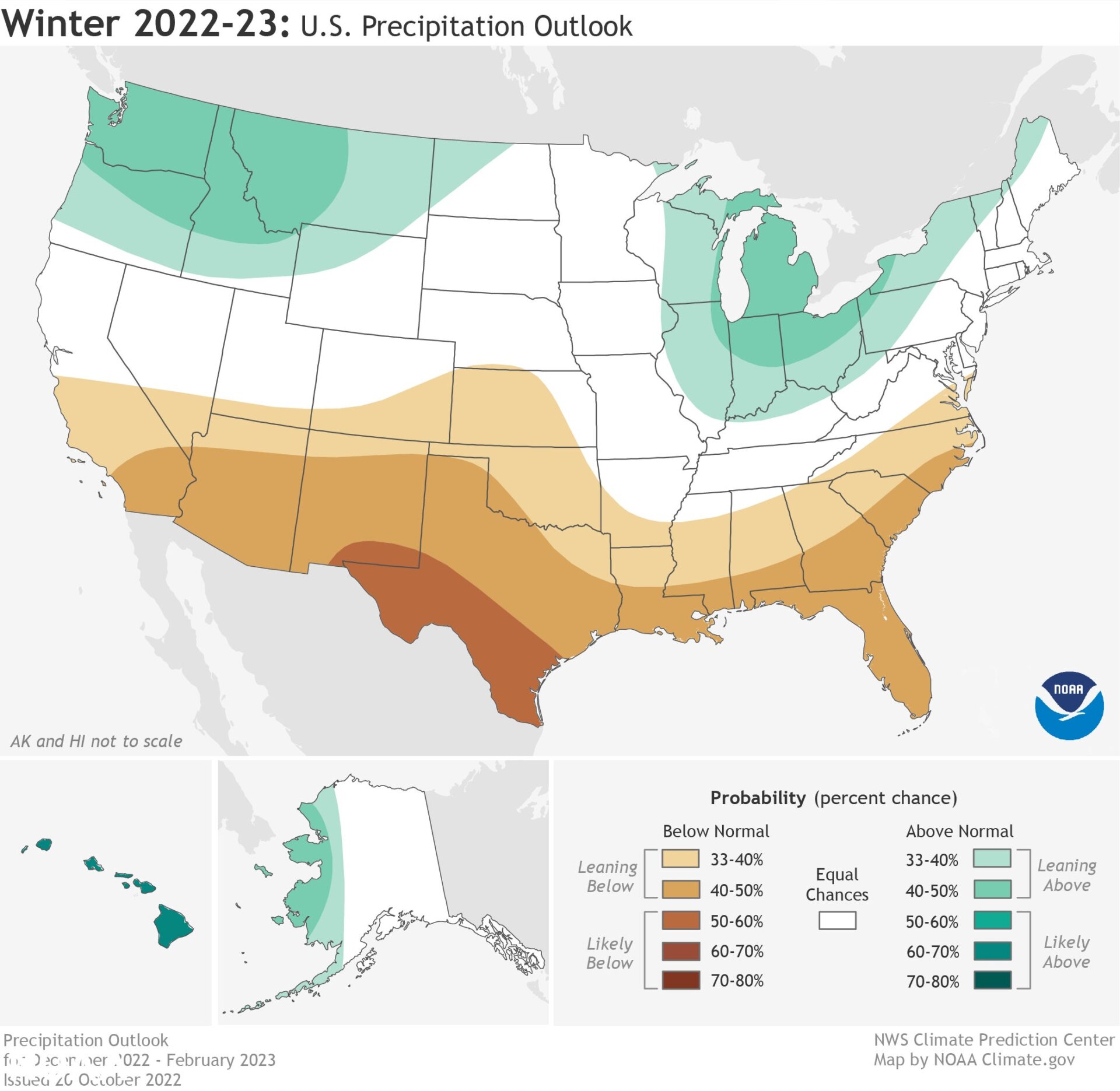 The 2022-2023 U.S. Winter Outlook map for precipitation shows wetter-than-average conditions are most likely in western Alaska, the Pacific Northwest, northern Rockies, Great Lakes and Ohio Valley. Drier-than-average conditions are forecast in portions of California, the Southwest, the southern Rockies, southern Plains, Gulf Coast and much of the Southeast.