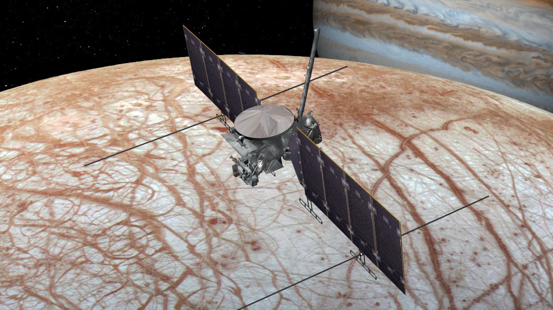 An artist’s rendering of the future Europa Clipper mission above Europa.